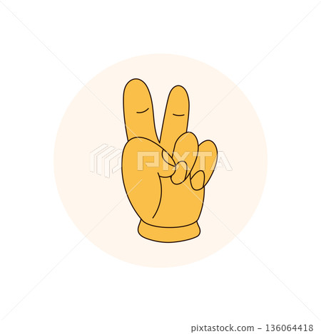 Groovy retro hand in peace symbol, yellow circle flat sticker badge. Y2k style label for package lid with playful and cool character. Ideal for retro product branding and packaging. 136064418