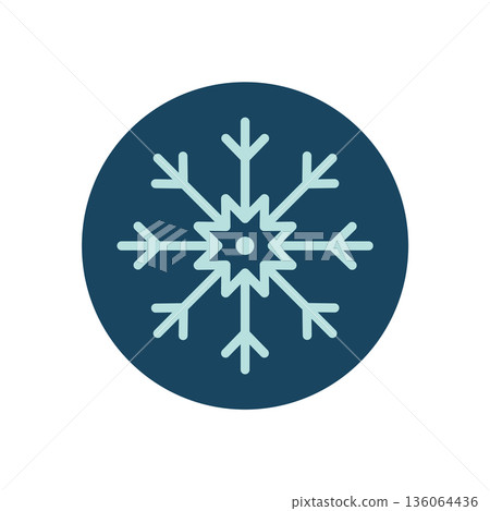 Round blue snow flake sticker with white outline forms a winter ornament. Holiday snowflake element as xmas seal for box or package, decorative graphic for seasonal use. Round blue snow flake sticker with white outline forms a winter ornament. Holiday snowflake element as xmas seal for box or package, decorative graphic for seasonal use. 136064436