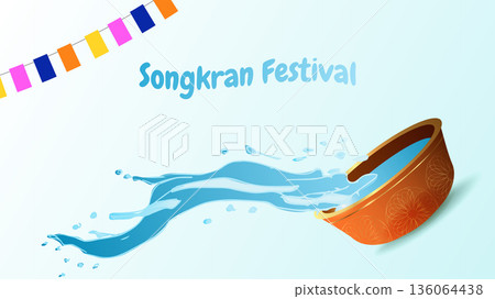 Songkran Thai New Year Water Festival Splash Vibrant flowers and joyful. For ads, web design, marketing. Vector illustration. 136064438