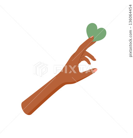 Flat style hand with green heart symbol. Hand gesture represents love, hope, and charity. Concept of giving support, aid, and care in colorful abstract style art. 136064454