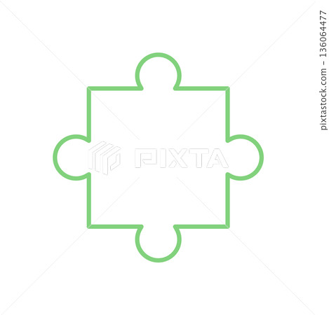 Flat outline jigsaw puzzle piece. Silhouette of puzzle tile for boardgame or toy. Simple green graphic design for hobby, activity, or tabletop game concept. 136064477