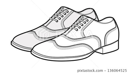Brogue mens lace shoes sketch pair. Perforated leather footwear with classic wingtip detail smart casual office style 136064525