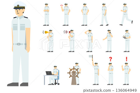 Flat illustration: Sailor set (white uniform) with facial expressions Flat illustration: Sailor set (white uniform) with facial expressions 136064949