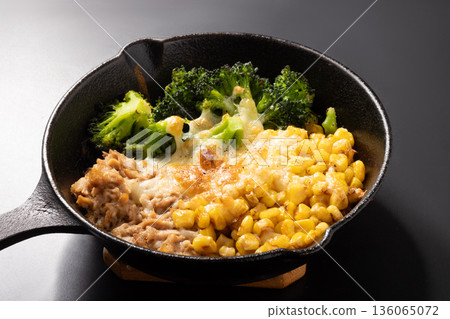 Broccoli, corn, tuna and cheese grilled Broccoli, corn, tuna and cheese grilled 136065072