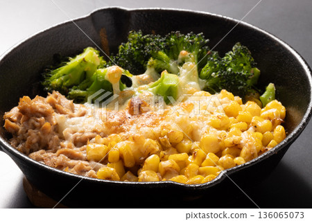 Broccoli, corn, tuna and cheese grilled Broccoli, corn, tuna and cheese grilled 136065073
