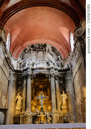 Igreja Sao Domingos Lisbon fire damaged church interior red vaulted ceiling stone columns golden altar historic cathedral Portugal. High quality photo Igreja Sao Domingos Lisbon fire damaged church interior red vaulted ceiling stone columns golden altar historic cathedral Portugal. High quality photo 136065080