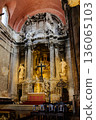 Igreja Sao Domingos Lisbon fire damaged church interior red vaulted ceiling stone columns golden altar historic cathedral Portugal. High quality photo 136065103