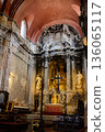 Igreja Sao Domingos Lisbon fire damaged church interior red vaulted ceiling stone columns golden altar historic cathedral Portugal. High quality photo 136065117