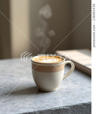 Latte art cup with coffee on a gray surface with a blurred background of a book and shadows 136065436