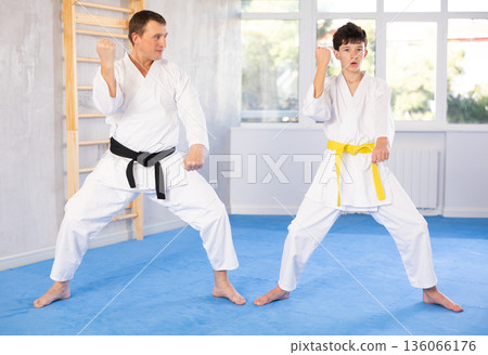 Teen boy and middle-aged man wearing kimono training karate techniques Teen boy and middle-aged man wearing kimono training karate techniques 136066176