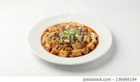 Authentic mapo tofu served on a plate, minced meat and tofu stir-fried with spicy miso, white background 136066194