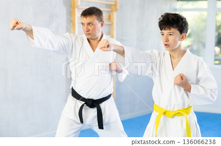 Man and boy teenager train karate technique Man and boy teenager train karate technique 136066238