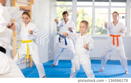 Kid boy and his family repeat movements and learn fighting techniques during martial arts lesson Kid boy and his family repeat movements and learn fighting techniques during martial arts lesson 136066278