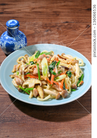 Note: Steam is synthetic. Yakiudon noodles with plenty of vegetables. Note: Steam is synthetic. Yakiudon noodles with plenty of vegetables. 136066536