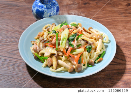 Note: Steam is synthetic. Yakiudon noodles with plenty of vegetables. Note: Steam is synthetic. Yakiudon noodles with plenty of vegetables. 136066539