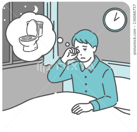 Illustration of a man who wakes up in the middle of the night to go to the toilet due to frequent urination (diabetes, sleep disorder, prostate enlargement) 136066757