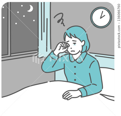 插圖描繪了一位女性在半夜醒來後無法再次入睡（睡眠障礙、失眠、更年期） 136066760