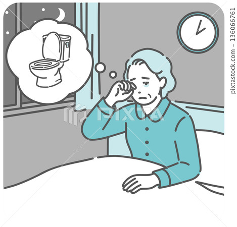 Illustration of an elderly woman who wakes up to go to the toilet in the middle of the night due to frequent urination (frequent urination, urinary incontinence, sleep disorder) Illustration of an elderly woman who wakes up to go to the toilet in the middle of the night due to frequent urination (frequent urination, urinary incontinence, sleep disorder) 136066761