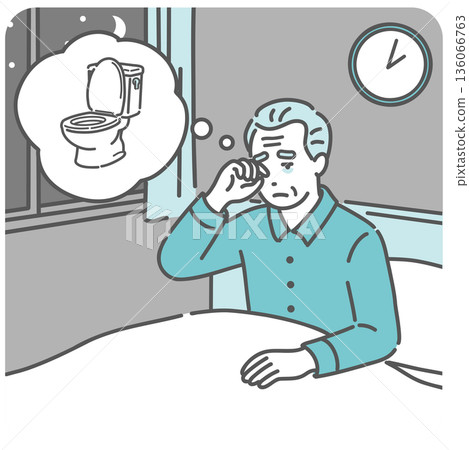 插圖描繪了一位老年男子因頻繁排尿而在半夜醒來上廁所的情景(頻尿、前列腺肥大、睡眠障礙)。 插圖描繪了一位老年男子因頻繁排尿而在半夜醒來上廁所的情景(頻尿、前列腺肥大、睡眠障礙)。 136066763