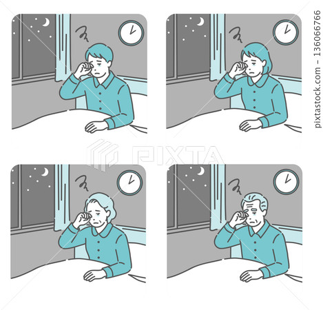 Illustration set of men, women, and elderly people who wake up in the middle of the night and cannot sleep (insomnia, waking up midnight, sleep disorder) 136066766