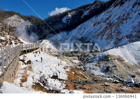 Scattered steam and a promenade leading to the depths of Jigokudani Scattered steam and a promenade leading to the depths of Jigokudani 136066941