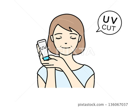 A beauty illustration of a middle-aged woman holding sunscreen and smiling gently 136067037