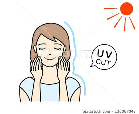 Illustration of a senior woman applying sunscreen to protect her skin from sunlight 136067042