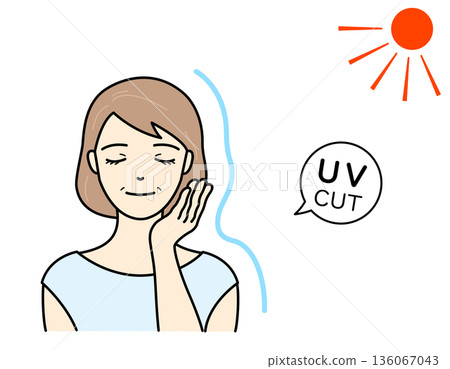 Illustration of a smiling senior woman who is using UV protection even in strong sunlight 136067043