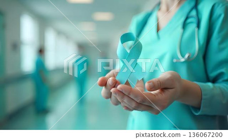 Nurse with a teal ribbon in hand, promoting cervical cancer awareness and encouraging screenings for women's health 136067200