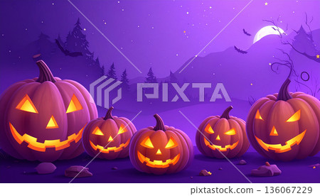Halloween Pumpkins with Glowing Faces at Night Halloween Pumpkins with Glowing Faces at Night 136067229