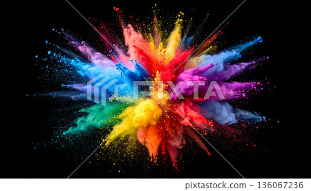 Colorful Powder Explosion on Black Background Colorful Powder Explosion on Black Background 136067236