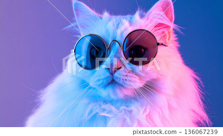 Cool White Cat Wearing Sunglasses on Colorful Background Cool White Cat Wearing Sunglasses on Colorful Background 136067239