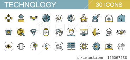 Technology icon set: IT, AI, smart home, drones, etc. (Color) Technology icon set: IT, AI, smart home, drones, etc. (Color) 136067388