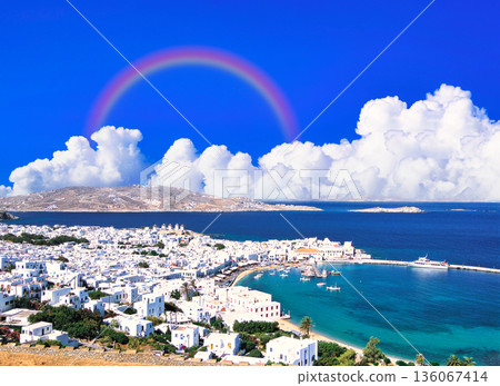 The beautiful white town of Mykonos on the Aegean Sea The beautiful white town of Mykonos on the Aegean Sea 136067414