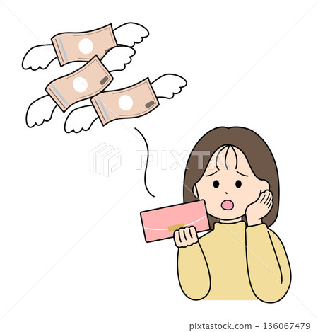 一位缺錢的女士 | 鈔票從她錢包裡飛出的插圖 一位缺錢的女士 | 鈔票從她錢包裡飛出的插圖 136067479