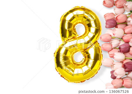 Colorful tulips and a gold balloon number create joy, isolated, PNG 136067526