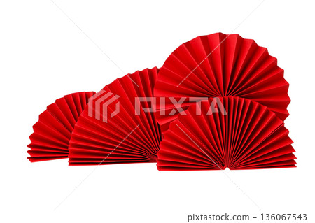 Three red decorative paper fans arranged, isolated, PNG 136067543