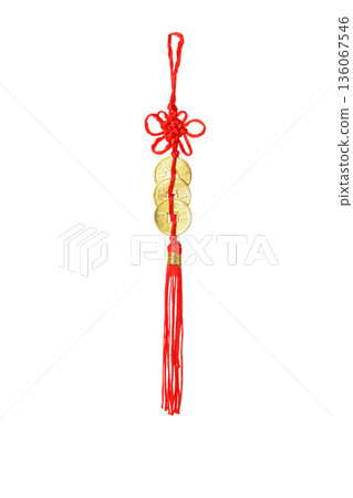 Red tassel with gold coins attached for celebration, isolated, PNG Red tassel with gold coins attached for celebration, isolated, PNG 136067546