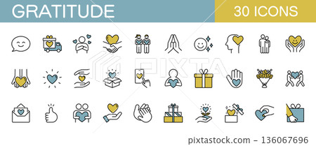 Gratitude icon set: heart marks, gifts, charity, and more. Color 136067696
