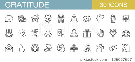 Gratitude icon set: hearts, gifts, charity, etc. 136067697