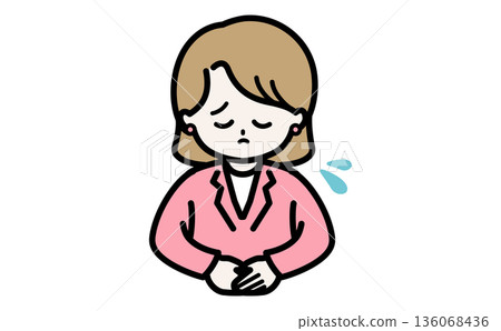 插圖描繪了女職員因客戶服務禮儀失誤而道歉的情景。可用於故障排除和手冊編寫。 136068436