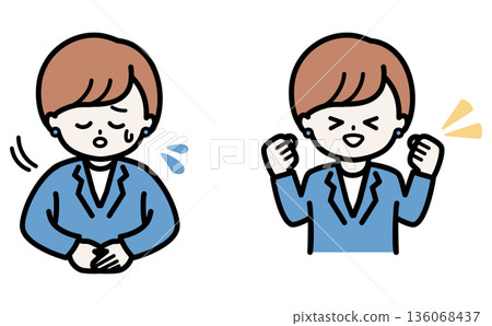 A set of two poses featuring female staff apologizing for a system error and celebrating the success of DX. Trustworthy business materials. 136068437