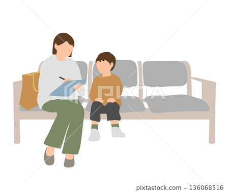 Illustration of a parent and child filling out paperwork in a waiting room Illustration of a parent and child filling out paperwork in a waiting room 136068516