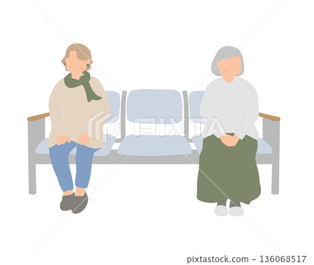 一幅插圖，描繪了兩位老年婦女安靜地坐在醫院或公共設施的候診室裡等待。 136068517