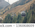cable car with solar panel travels up a mountain slope. The landscape features rocky terrain and trees. soft, indicating a pleasant vacation atmosphere 136068609