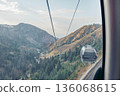 cable car travels up a mountain slope. The landscape features rocky terrain and trees. The sky is clear with soft clouds, indicating a pleasant vacation atmosphere. 136068615