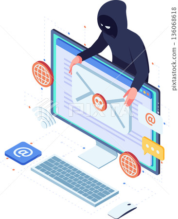 Isometric Hacker Stealing Data Through Phishing Email Isometric Hacker Stealing Data Through Phishing Email 136068618