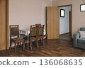 A cozy hotel room with wooden flooring. A small dining table with four chairs is set against a light pink wall. A door leads to another room, and a sofa is visible. 136068635