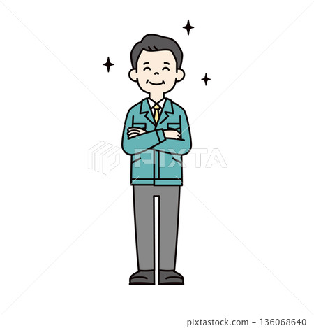 Full-body vector illustration of a small and medium-sized business president, manager, or factory manager with his arms crossed, expressing admiration and praise 136068640