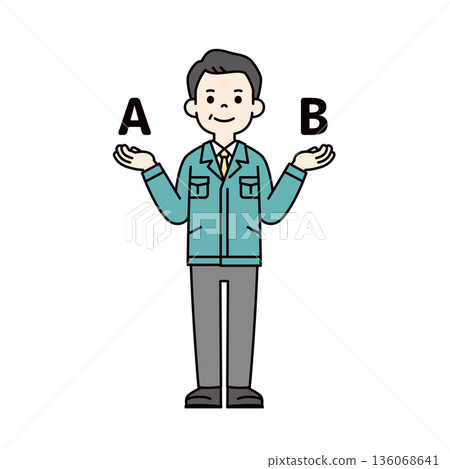 對比這兩幅圖，一幅是身著工作服的五六十歲商務男士的全身向量插圖。 136068641
